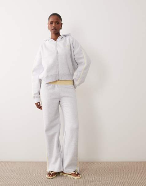 Kaiia cotton rich oversized zip through side stripe hoodie and foldover waistband sweatpants set in gray heather & lemon - view 1