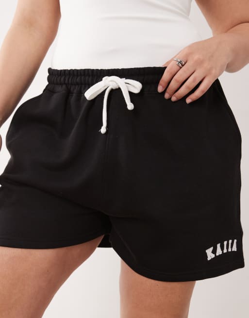 Kaiia cotton rich Plus embroidered logo sweat shorts in black - part of a set   , 3 of 5