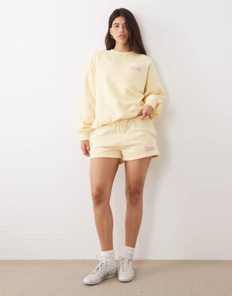 Kaiia cotton rich printed logo back graphic oversized sweatshirt and shorts co-ord in lemon & pink - view 1