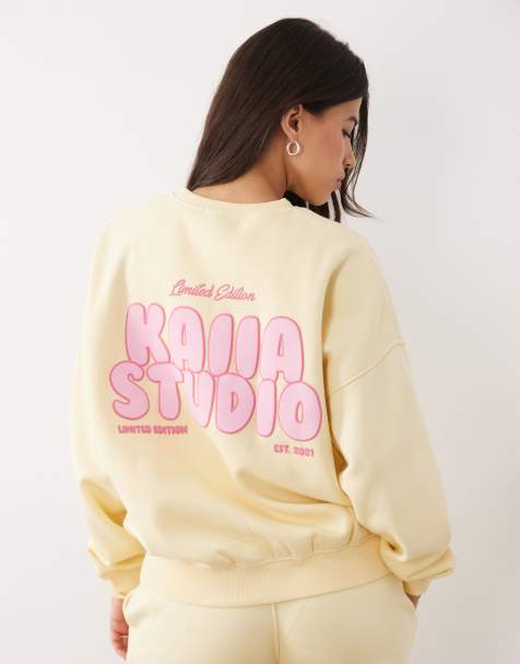 Kaiia cotton rich printed logo back graphic oversized sweatshirt in lemon & pink - part of a set - view 1