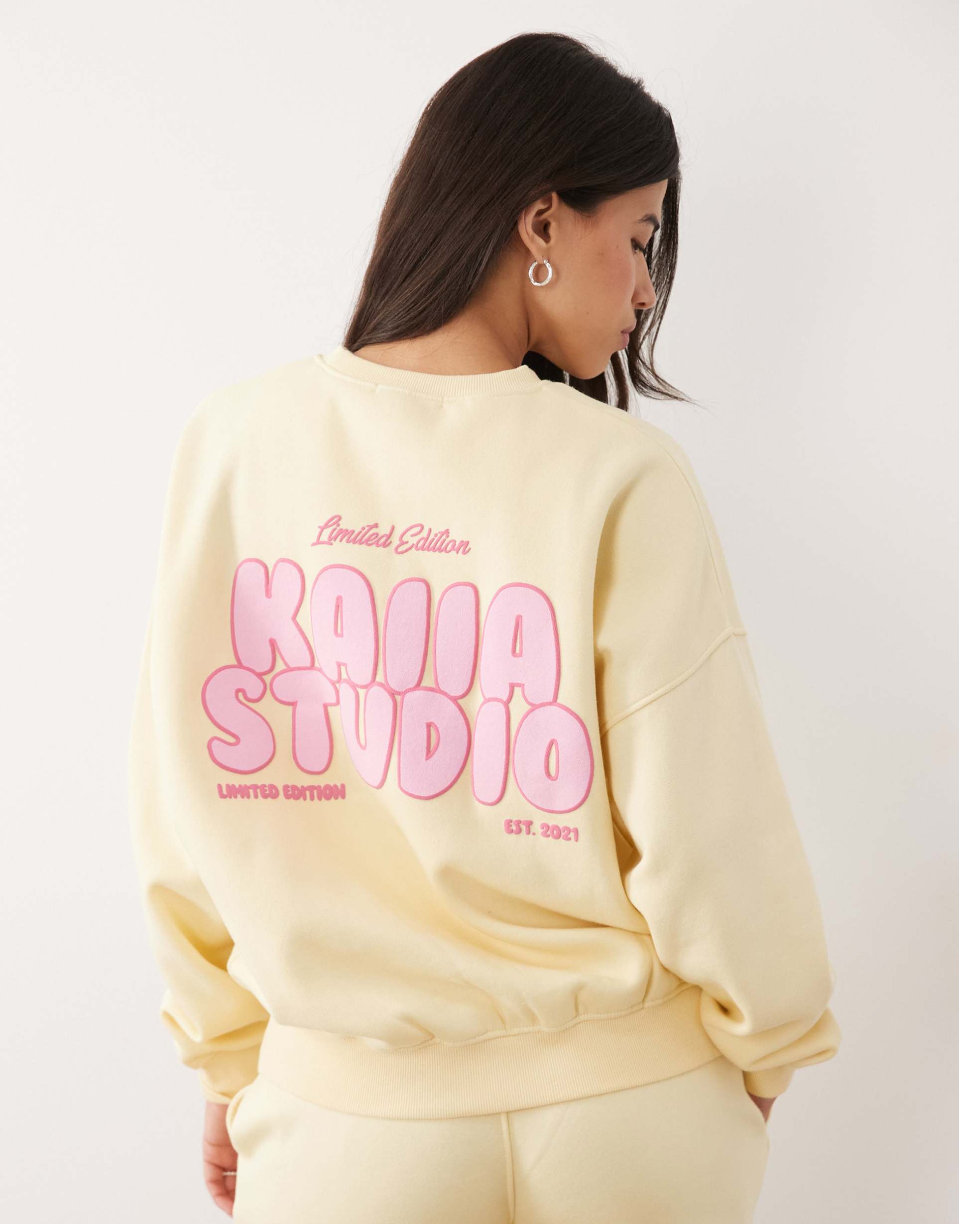 kaiia cotton rich printed logo back graphic oversized sweatshirt in lemon & pink - part of a set
