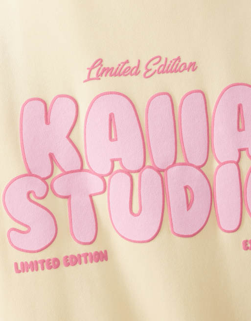 Kaiia cotton rich printed logo back graphic oversized sweatshirt in lemon & pink - part of a set , 4 of 4