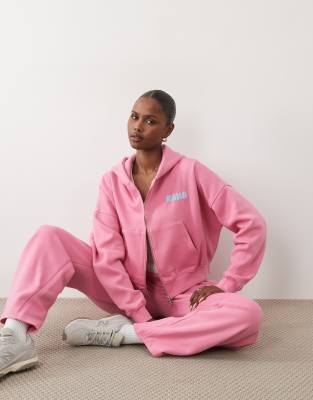 Kaiia Cotton Rich Printed Logo Oversized Hoodie In Pink
