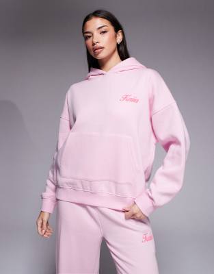 Kaiia Cotton Rich Puff Butterfly Print Back Graphic Oversized Hoodie Co-ord In Pink