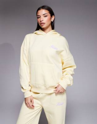 Kaiia Cotton Rich Puff Print Back Graphic Oversized Hoodie Co-ord In Yellow
