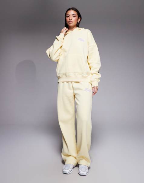 Kaiia cotton rich puff print logo wide leg joggers co-ord in lemon and lilac - view 1