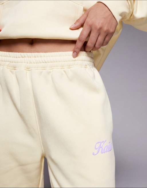 Kaiia cotton rich puff print logo wide leg joggers co-ord in lemon and lilac, 4 of 5
