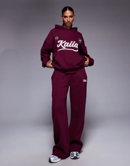 Kaiia cotton rich puff script logo oversized hoodie in burgundy and cream - part of a set  , 4 of 4