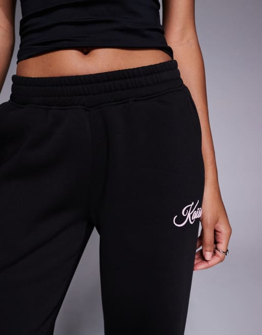 Kaiia cotton rich script logo wide leg sweatpants in black and baby pink - part of a set  , 2 of 5