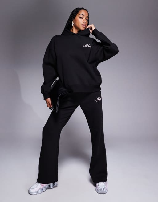 Kaiia cotton rich script logo wide leg sweatpants in black and baby pink - part of a set  , 5 of 5