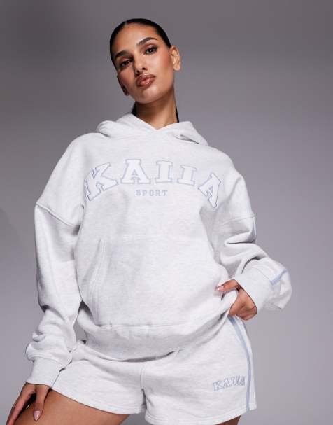 Kaiia cotton rich side stripe embroidered logo oversized hoodie co-ord in light grey marl and blue - view 1