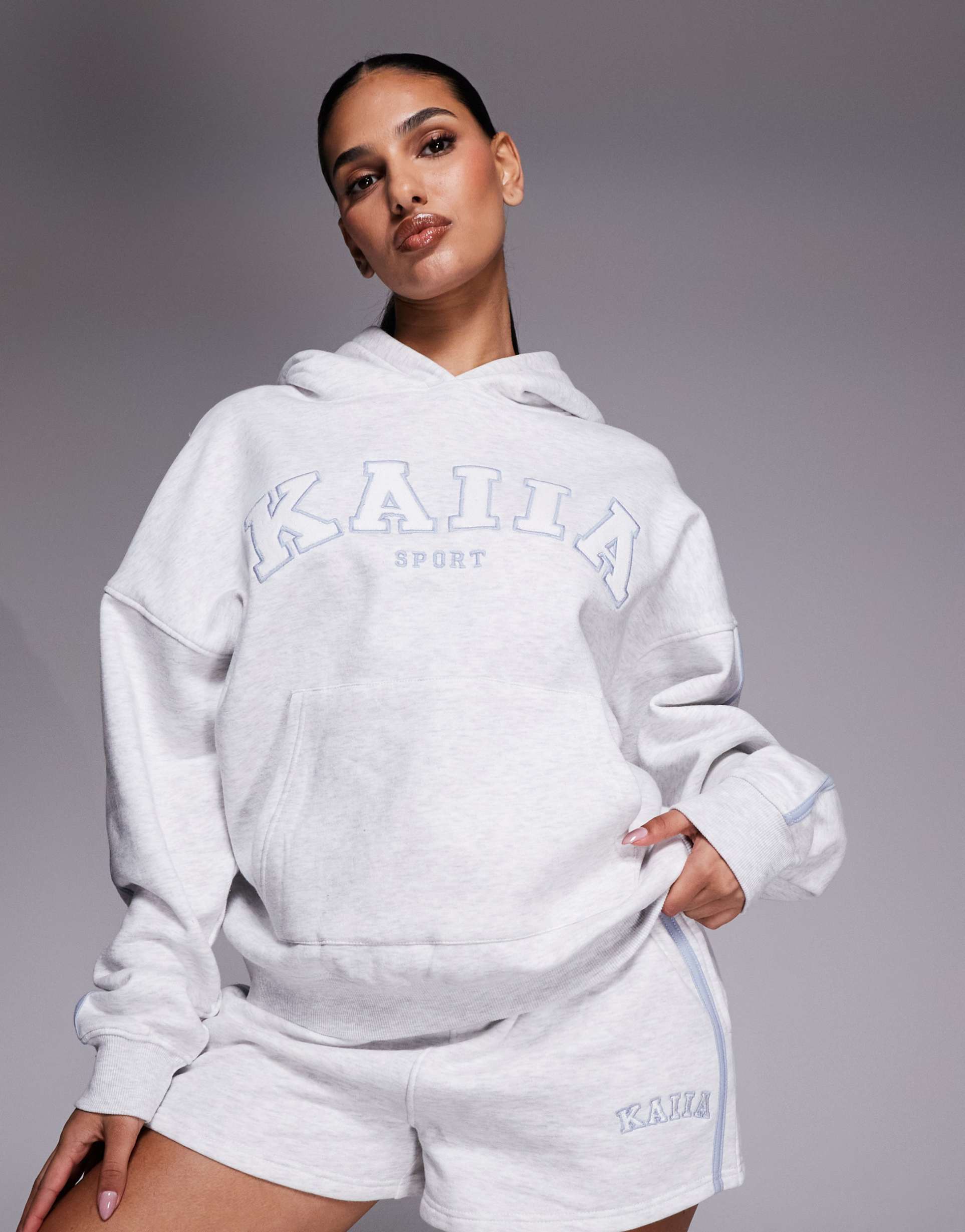 kaiia cotton rich side stripe embroidered logo oversized hoodie in light gray heather and blue - part of a set