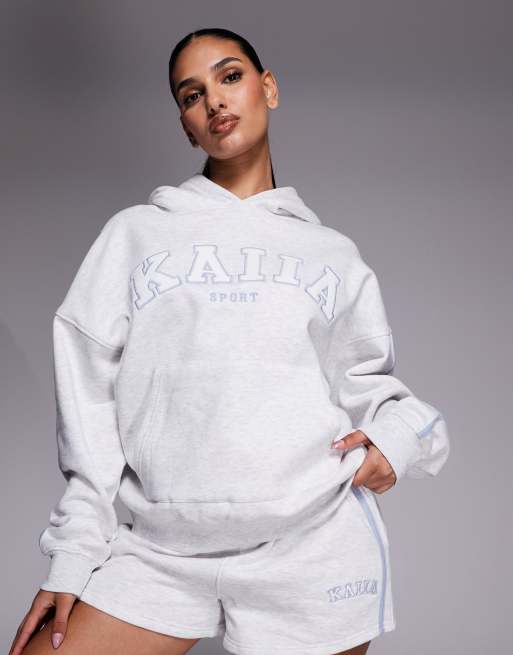 Kaiia cotton rich side stripe embroidered logo oversized hoodie and shorts set in light heather gray and blue, 3 of 3