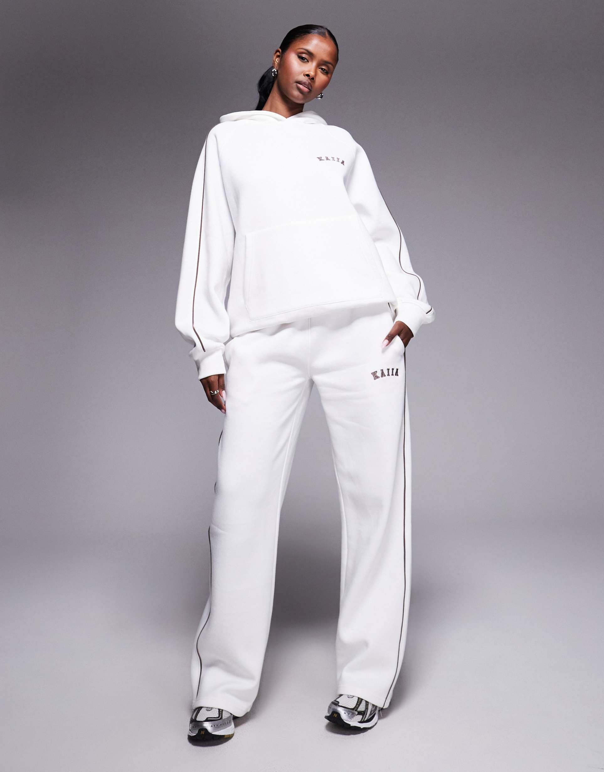 kaiia cotton rich side stripe embroidered logo wide leg sweatpants in white - part of a set