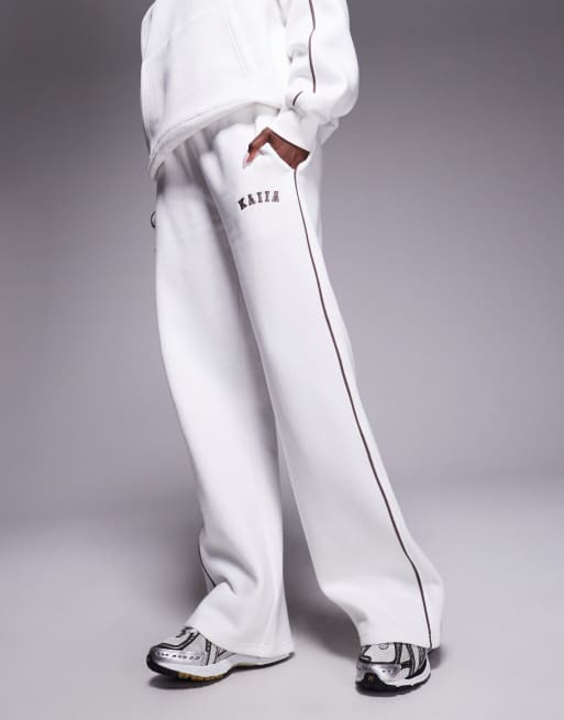 Kaiia cotton rich side stripe embroidered logo wide leg sweatpants in white - part of a set  , 4 of 5