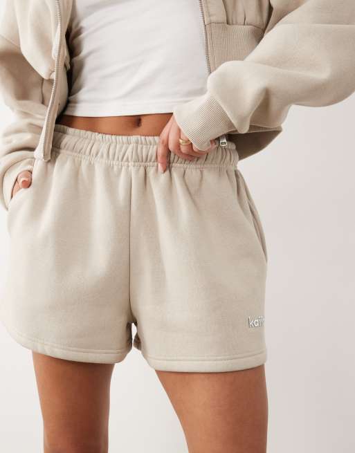Kaiia cotton rich silver hardware logo sweat shorts in ash taupe - part of a set, 2 of 5