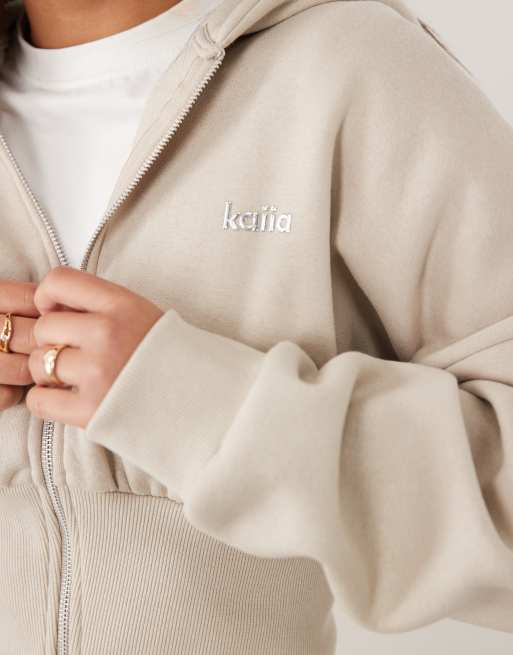 Kaiia cotton rich silver hardware logo zip through cinched waist hoodie co-ord in ash taupe, 3 of 4
