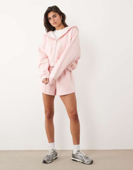Kaiia cotton rich silver hardware logo zip through oversized hoodie in pink (part of a set), 2 of 4
