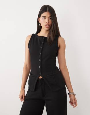 Kaiia Cotton Rich Sleeveless Button Front Split Front Sweat Waistcoat Top Co-ord In Black