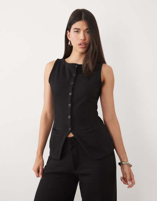Kaiia cotton rich sleeveless button front split front sweat waistcoat top and trackies in black, 2 of 3