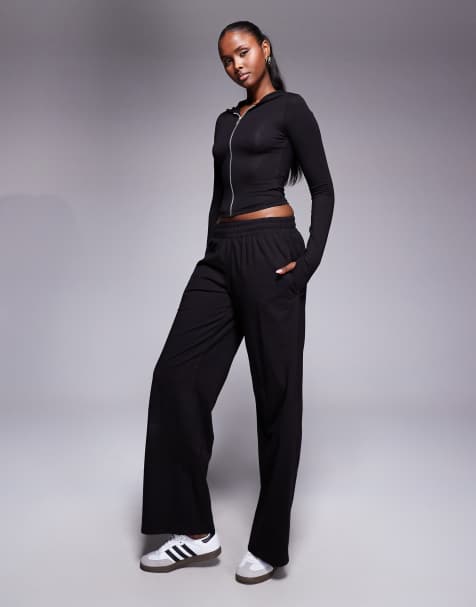 Kaiia cotton rich soft touch wide leg jogger co-ord in black - view 1