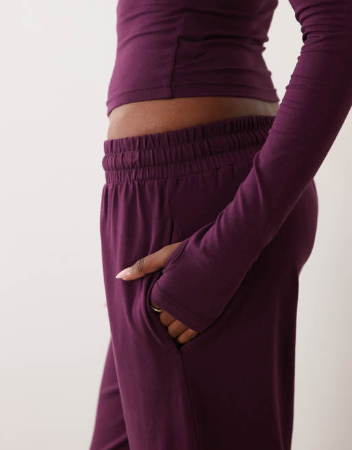 Kaiia cotton rich soft touch wide leg joggers co-ord in plum, 4 of 5