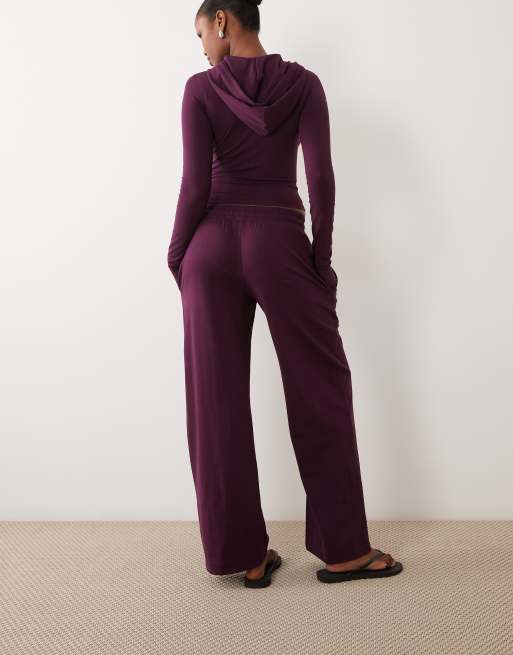 Kaiia cotton rich soft touch wide leg joggers co-ord in plum, 5 of 5
