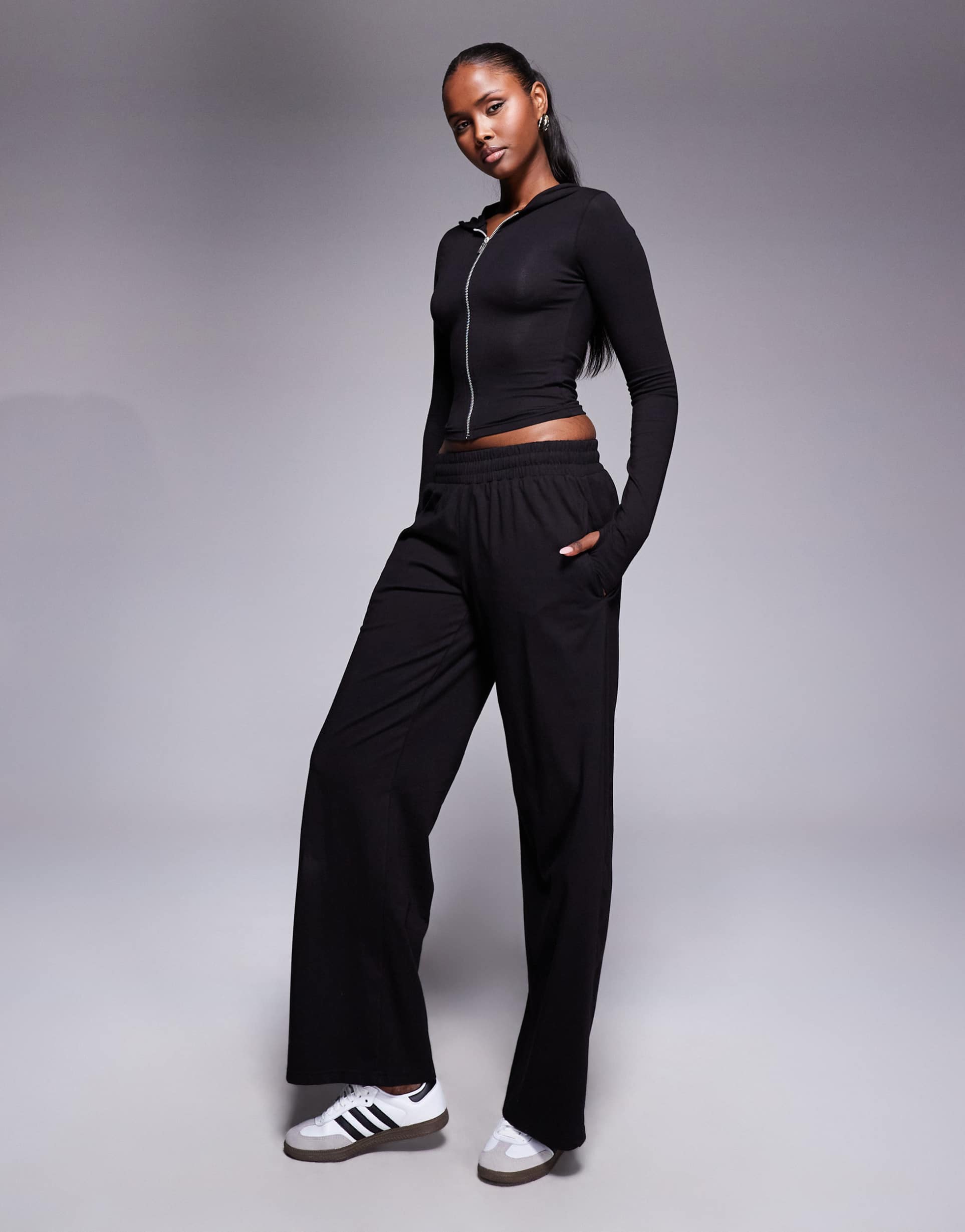 kaiia cotton rich soft touch wide leg sweatpants in black - part of a set