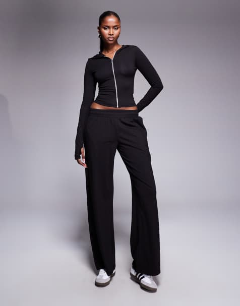 Kaiia cotton rich soft touch zip through hoodie and wide leg joggers co-ord in black - view 1
