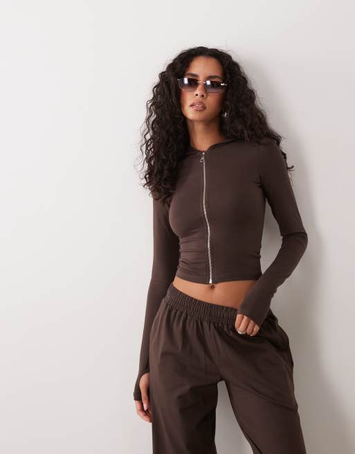 Kaiia soft touch zip through hoodie and joggers co-ord in bitter chocolate, 3 of 3
