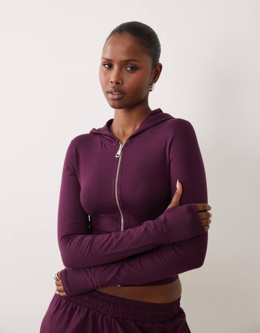 Kaiia cotton rich soft touch zip through hoodie and joggers in plum, 2 of 3