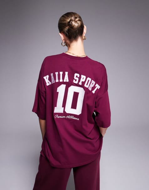 Kaiia cotton rich sport embroidered contrast logo oversized t-shirt co-ord in burgundy - view 1