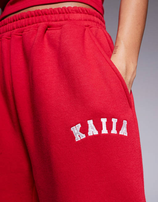 Kaiia cotton rich sport embroidered logo wide leg jogger co-ord in red  , 3 of 5