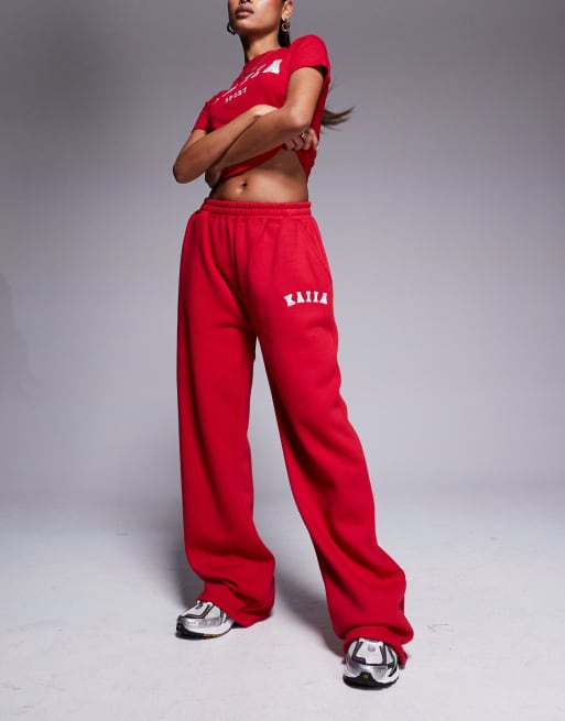 Kaiia cotton rich sport embroidered logo wide leg jogger co-ord in red  , 4 of 5