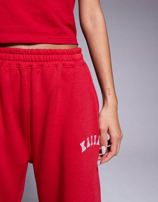 Kaiia cotton rich sport embroidered logo wide leg jogger co-ord in red  , 5 of 5