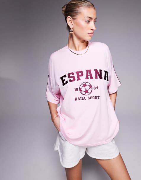 Kaiia cotton rich sport oversized crew neck Espana t-shirt in pink and burgundy - view 1