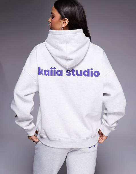 Kaiia cotton rich star logo graphic oversized hoodie in light heather gray - part of a set - view 1