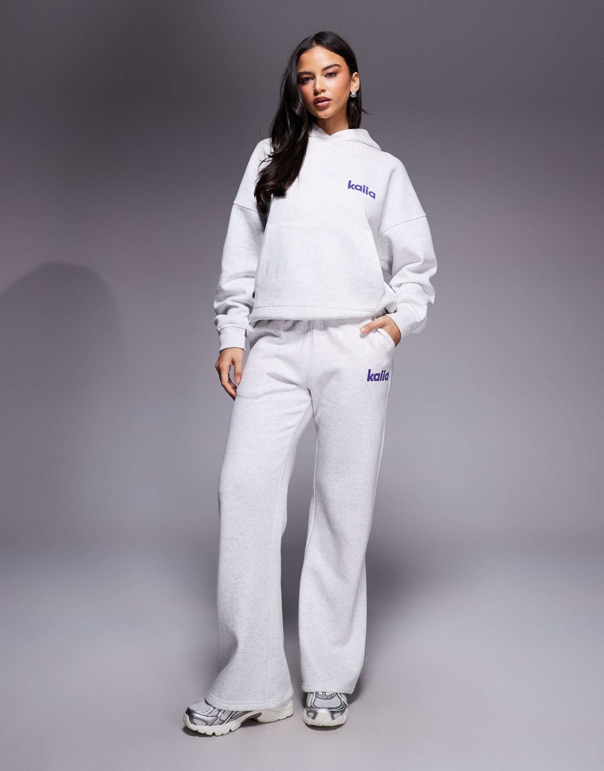 kaiia cotton rich star logo graphic wide leg sweatpants in gray - part of a set