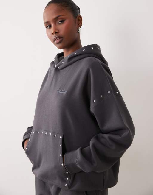 Kaiia cotton rich studded oversized embroidered logo hoodie and joggers in dark grey, 2 of 3
