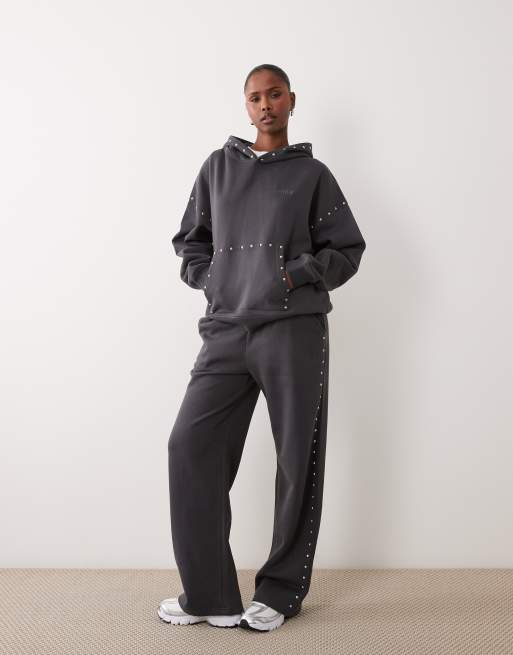 Kaiia cotton rich studded oversized embroidered logo hoodie in dark grey (part of a set), 2 of 4