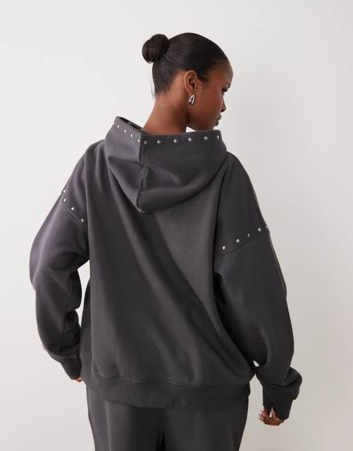 Kaiia cotton rich studded oversized embroidered logo hoodie in dark grey (part of a set), 3 of 4