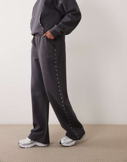 Kaiia cotton rich studded wide leg joggers co-ord in dark grey, 2 of 5