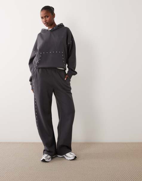 Kaiia cotton rich studded wide leg trackies in dark grey (part of a set) - view 1