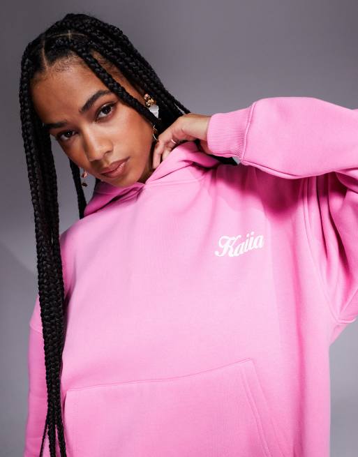 Kaiia cotton rich Studio cherry back graphic oversized hoodie in hot pink - part of a set, 3 of 4