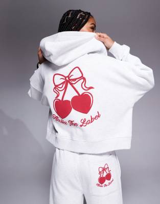 Kaiia cotton rich Studio cherry back print cropped zip up hoodie in heather gray and red - part of a set