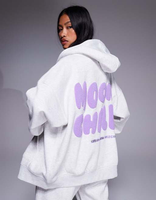 Kaiia cotton rich textured back logo zip up hoodie in light gray - part of a set