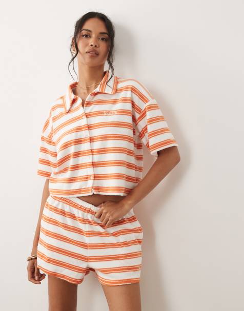 Kaiia cotton rich towelling collared button through polo top in orange stripe (part of a set) - view 1