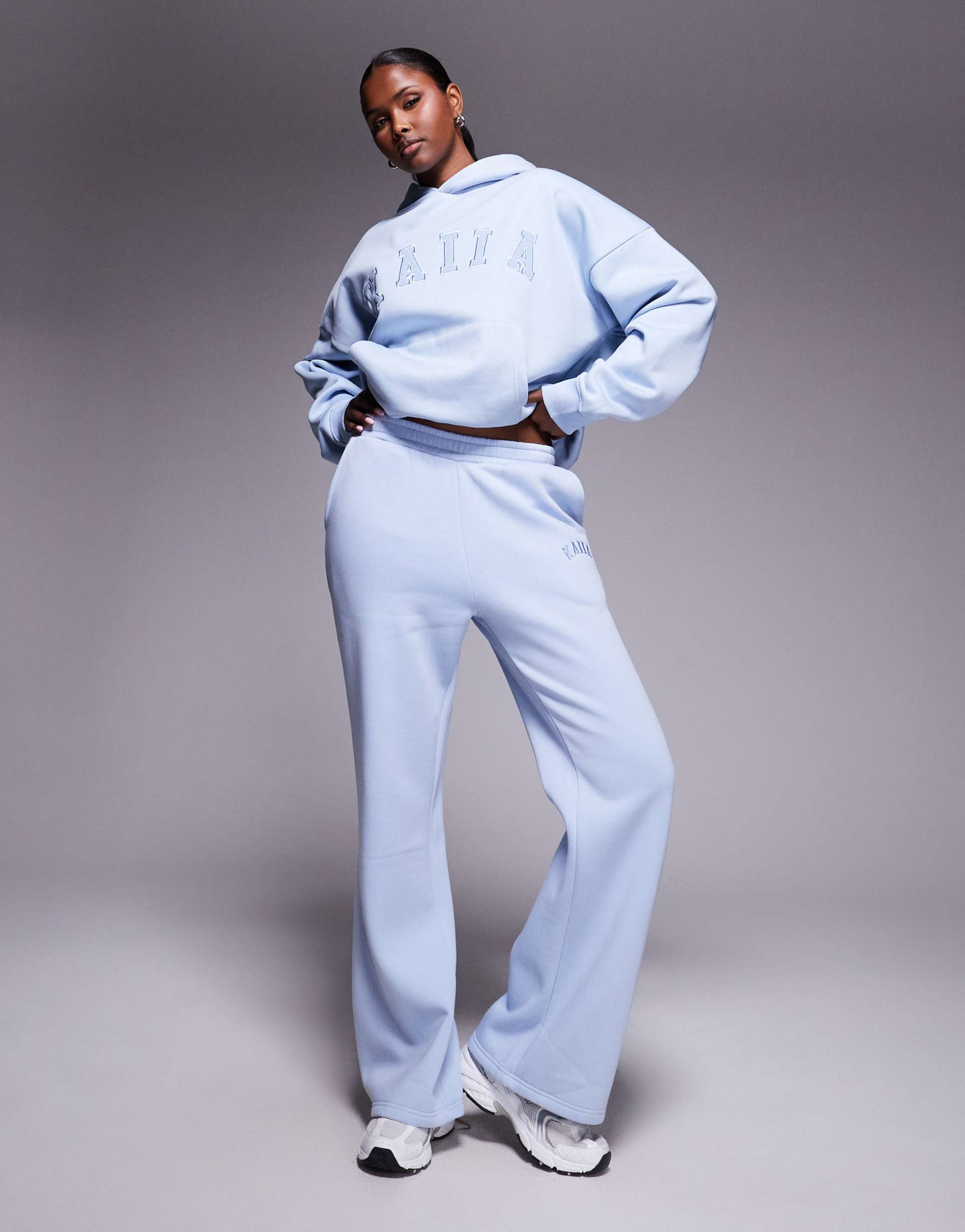 kaiia cotton rich wide leg embroidered logo sweatpants in dusty blue - part of a set