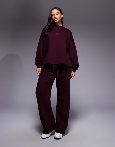 Kaiia cotton-rich wide leg embroidered logo trackies in burgundy (Part of a set) - view 1