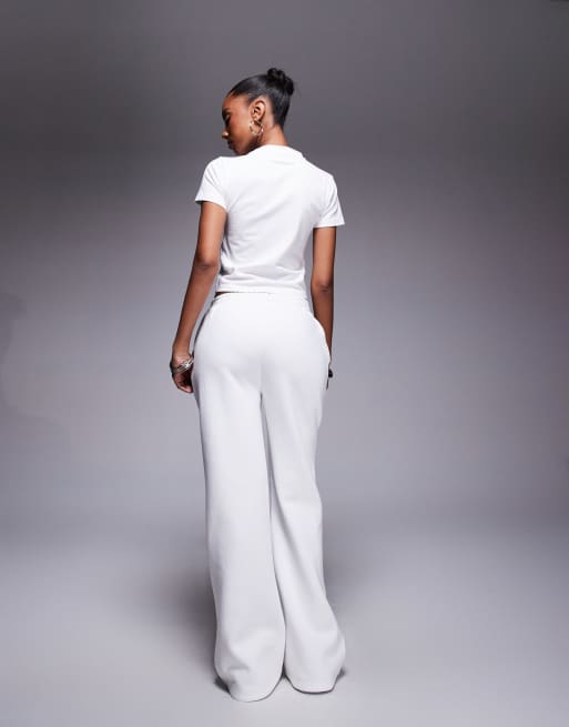 Kaiia cotton rich wide leg joggers with contrast drawstring co-ord in white and pink    , 4 of 5